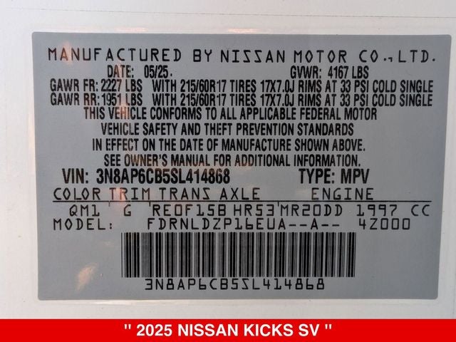 2025 Nissan Kicks SV AWD NISSAN CERTIFIED